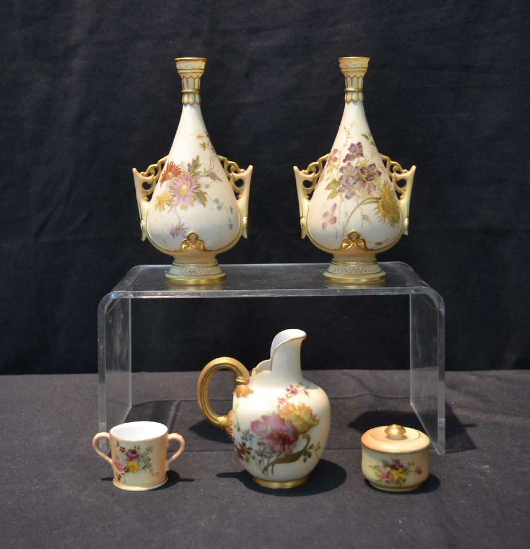 (5)pc's OF ROYAL WORCESTER TO INCLUDE: (Pr) VASES , PITCHER & (2) SMALL POTS - LARGEST IS 3 1/2" x 6 1/4"