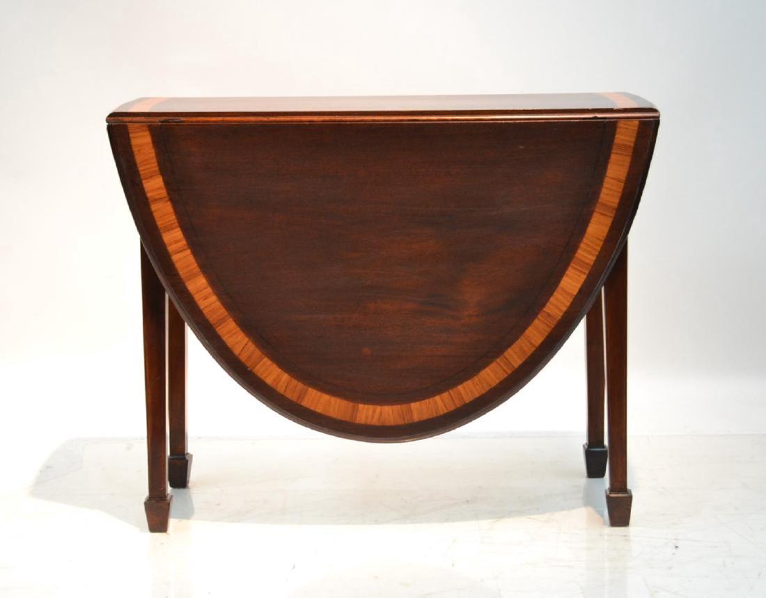 BANDED MAHOGANY DROP LEAF TABLE: 36" x 14" x 28" ; OVAL LEAVES ARE 21"