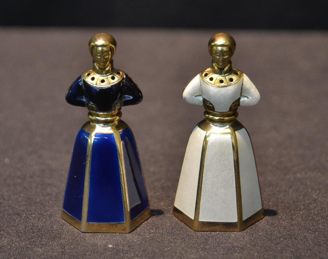 (Pr) JACOB TOSTRUP , NORWAY FIGURAL ENAMEL: & STERLING SILVER SALT & PEPPER ; WITH ORIGINAL BOX - 1" x 2 1/4"
