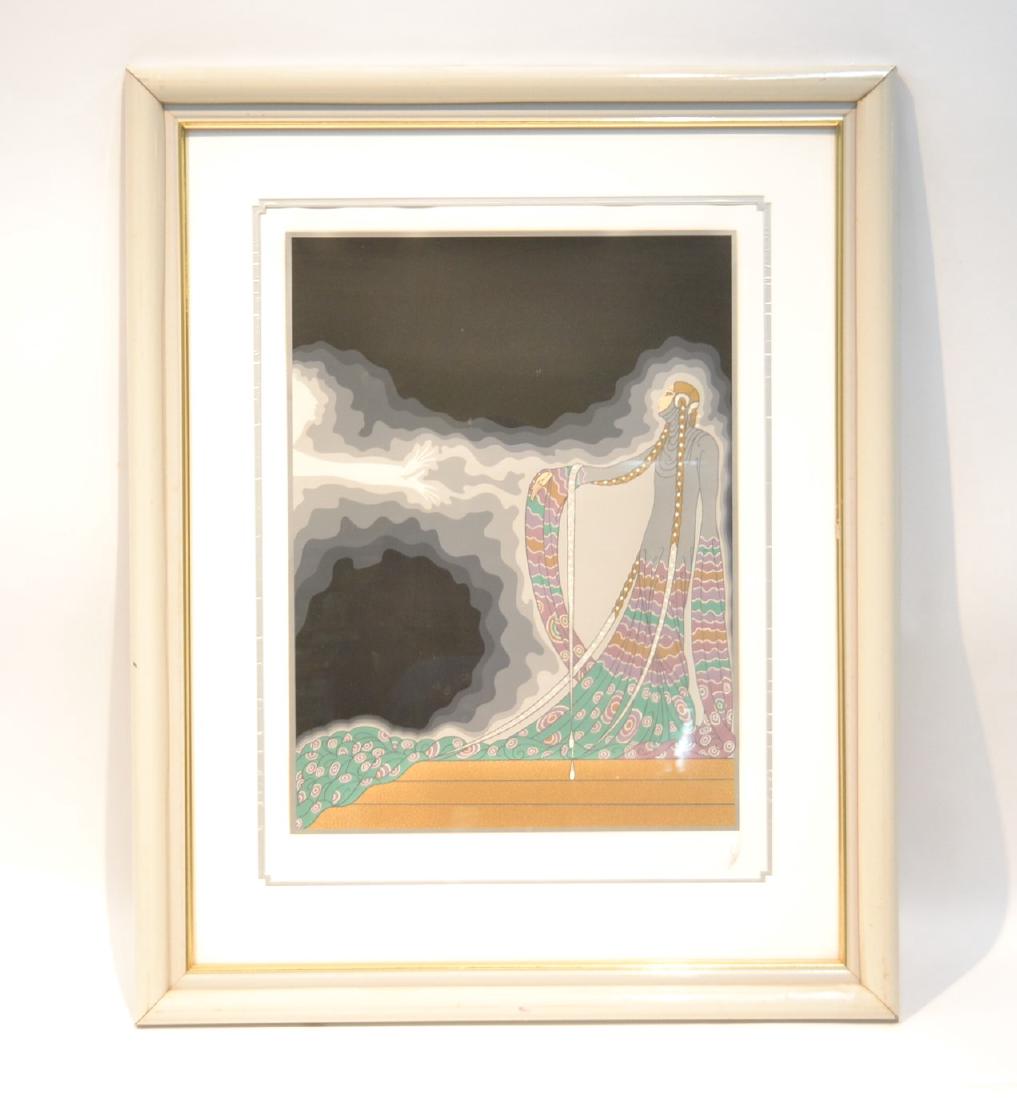ERTE (RUSSIA, FRANCE - 1882-1990) LITHOGRAPH: "MELISANDE" FROM THE "AT THE THEATRE COLLECTION" HAND SIGNED LOWER RIGHT & NUMBERED XLIV/L - 29" x 36" OVERALL (SOME LOSS TO FRAME) with certificate and paperwork
