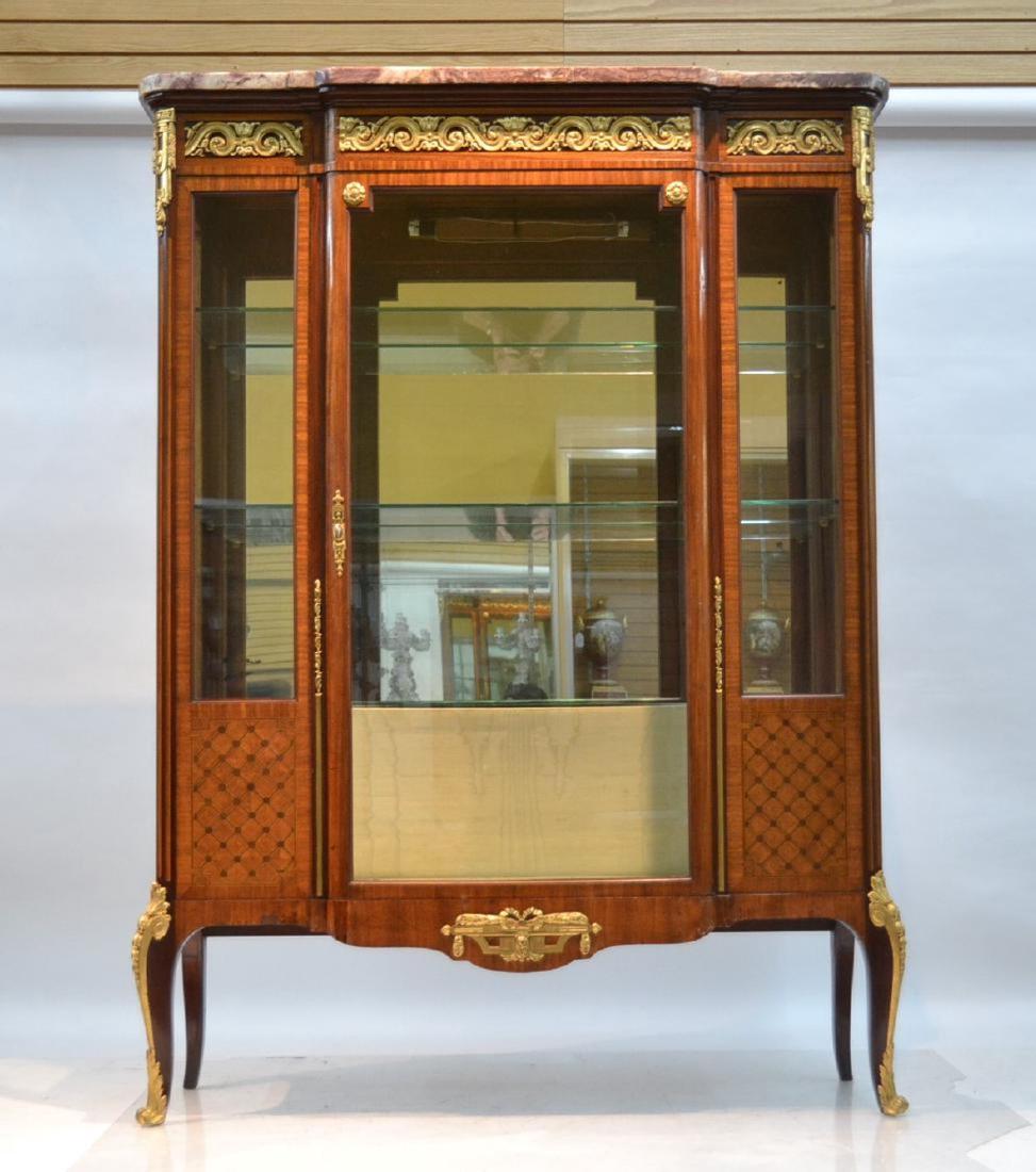 19thC FRENCH PARQUETRY INLAID CHINA CABINET: WITH FINE HEAVY BRONZE MOUNTS & MARBLE TOP ; LOCK IS MARKED DUVIVIER , PARIS ; HAS STAMP FROM SAHORES & OJEDA , PARIS ON BACK - 54" x 16" x 72 1/2" (SOME VENEER TOUCHUP ON BOTTOM)