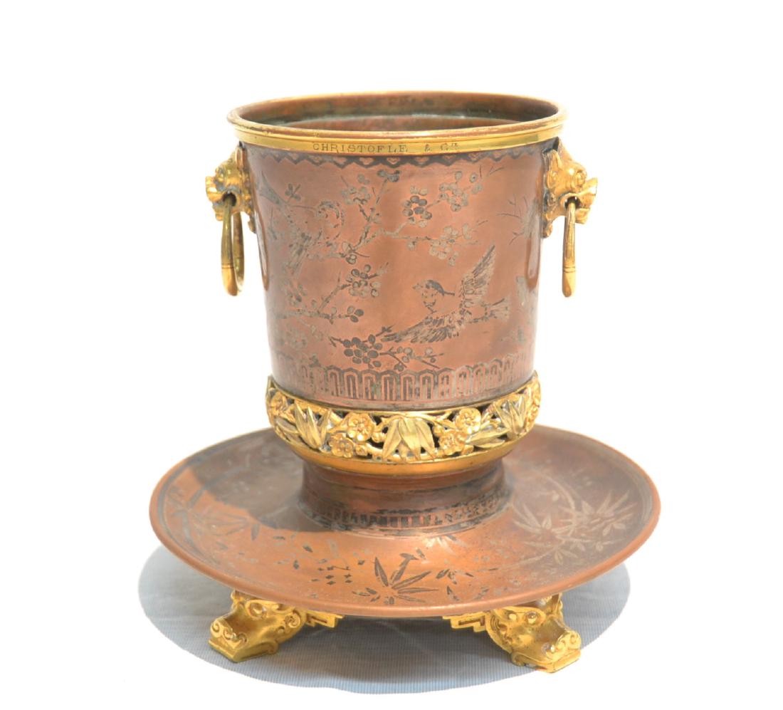 CHRISTOFLE & Cie MIXED METAL CACHE POT WITH: BIRDS , FOLIATE & RINGS HANDLES BEING RAISED ON DRAGON HEAD FEET - 6" x 6" ; SERIAL NUMBER- 868999
