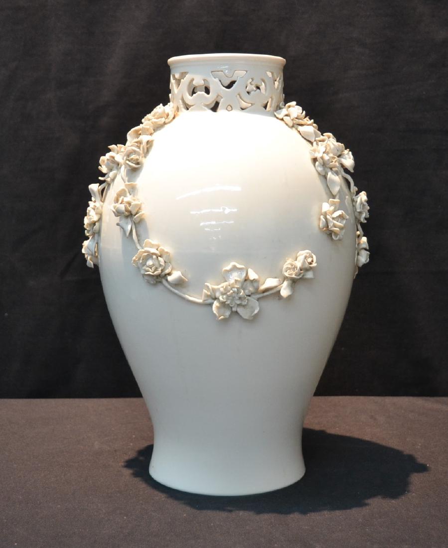 NYMPHENBERG BLANC DE CHINE VASE WITH: RAISED FLORAL GARLAND & RETICULATED TOP - 8" x 14" (SOME LOSSES TO FLOWERS)