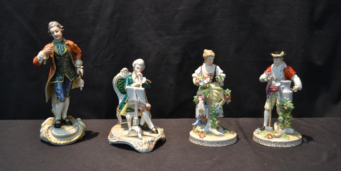 (4) PORCELAIN FIGURINES INCLUDING: (Pr) DRESDEN MAN & WOMAN GARDENERS WITH FLOWERS (MALE HAS CHIPS) 7 1/4" TALL , DRESDEN FLUTIST FIGURE - 6 3/4" & ERNST SOHNE MALE FIGURE WITH SWORD - 10" TALL