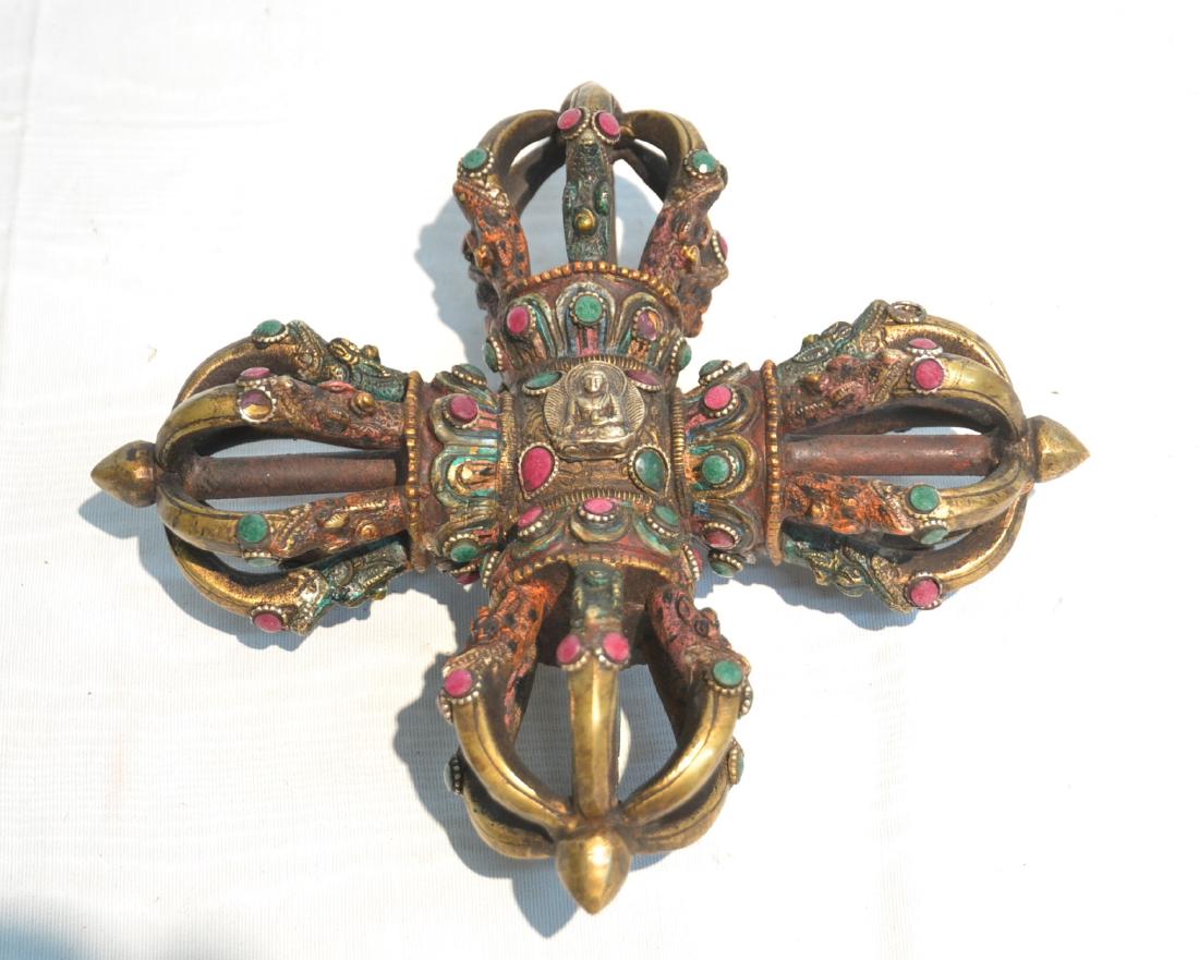 BRONZE JEWELED BUDDHIST CEREMONIAL ORNAMENT: 9" x 9" x 3"