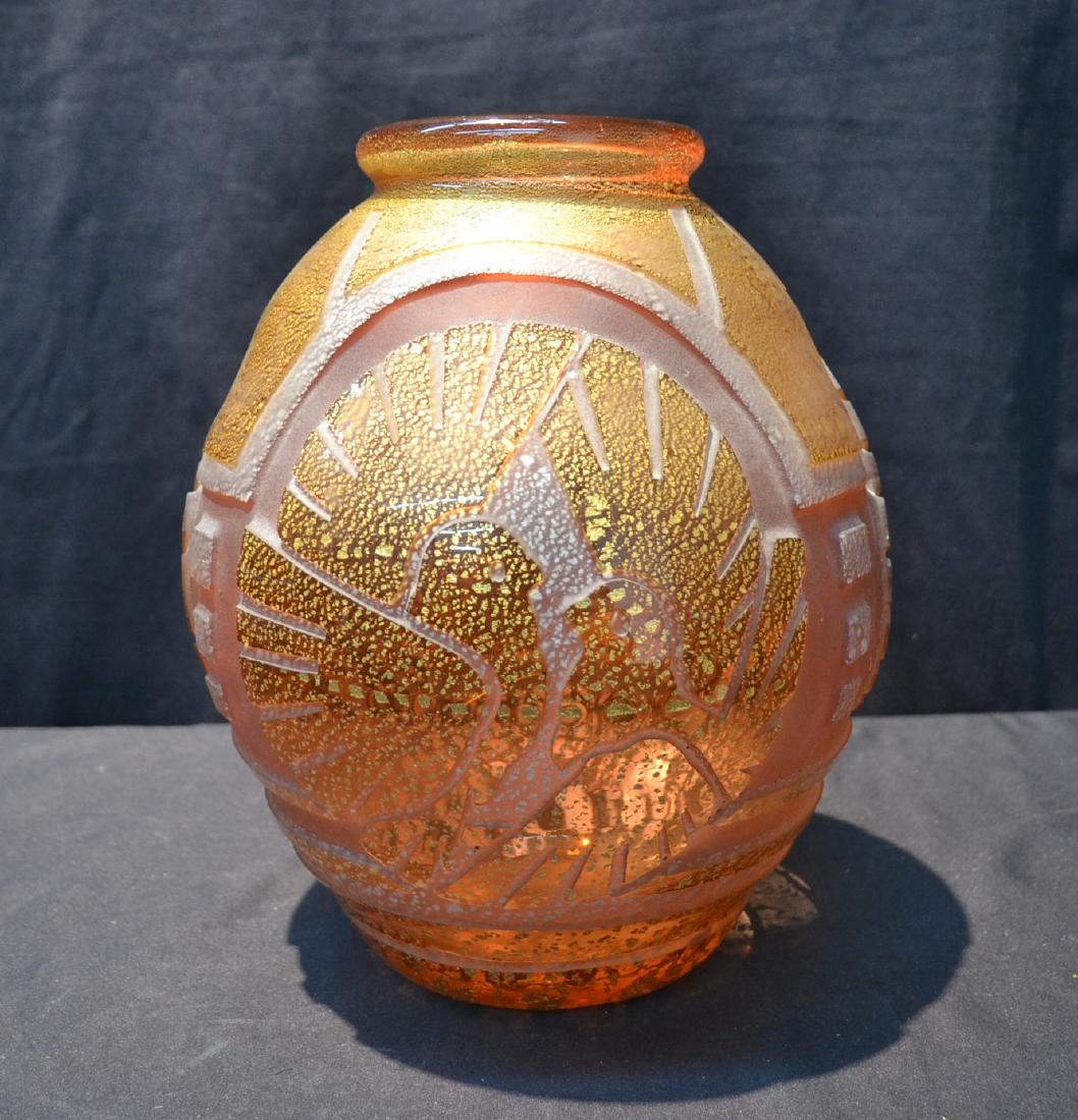 LARGE DECO MULLER FRERES , LUNEVILLE FRANCE: CAMEO GLASS VASE WITH ACID CUT BIRD MEDALLIONS , SIGNED MULLER FRERES , LUNEVILLE , FRANCE ON BOTTOM - 8" x 11"