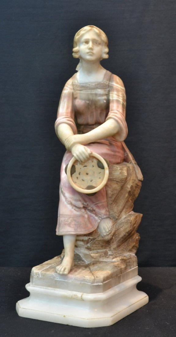 MULTI TONE ALABASTER GIRL SEATED ON ROCKS: WITH TAMBORINE ; ARTIST SIGNED GIMOLI? - 10" x 8"x 23"