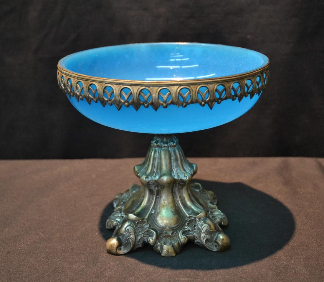 VICTORIAN OPALINE & SILVER TAZZA - 7" x 6 1/2": VICTORIAN OPALINE & SILVER TAZZA - 7" x 6 1/2"