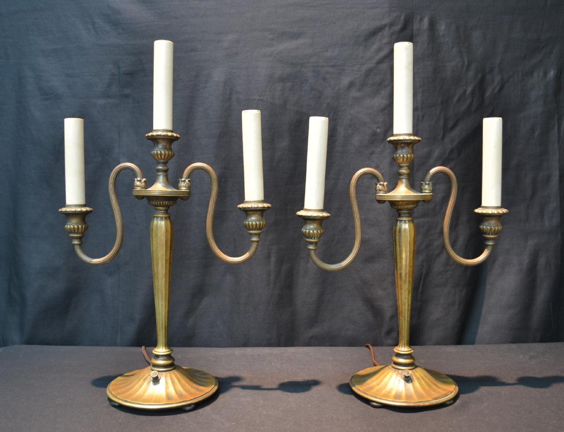 (Pr) TIFFANY STUDIO NEW YORK BRONZE CANDELABRA: LAMPS, WITH 3-LIGHTS , MARKED TIFFANY STUDIOS ON PLATE , NUMBERED 1202 - 6 1/2" x 12" x 20"