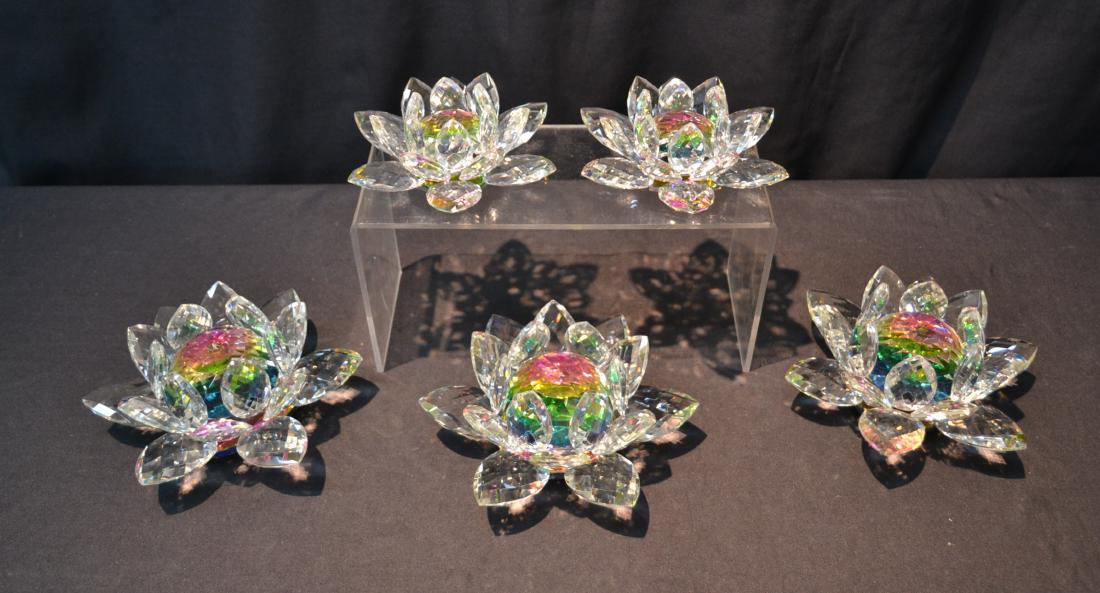 (5) SWAROVSKI STYLE CRYSTAL LOTUS FLOWERS: (2) SIZES ; 8" x 3 3/4" & 6" x 2 1/2"