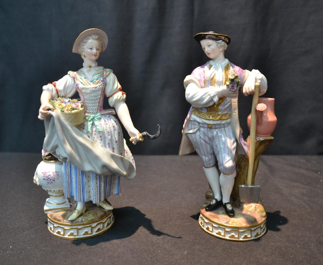 (Pr) MEISSEN PORCELAIN GARDNERS WITH: SICKLE & FLOWERS - INCISED 126 ; 69 - 4" x 3" x 7 1/2" (WOMAN HAS PROFESSIONAL REPAIR ON HAT)