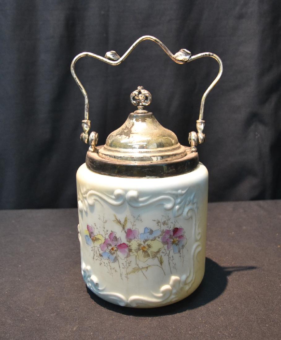 VICTORIAN WAVECREST STYLE CRACKER JAR: WITH SILVER PLATE MOUNTS - 5 1/2" x 6" x 11" WITH HANDLE UP