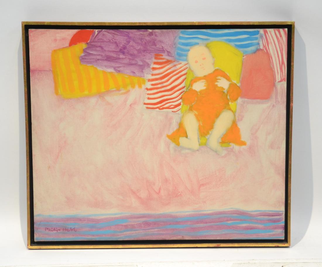 PHILIP HELD (NYC 1920-1999) OIL ON CANVAS OF BABY: "ANDREW" 20/24 , DATED 1965 WITH INFO INVERSO , SIGNED LOWER LEFT - 23" x 20" ; 25" x 22" FRAMED