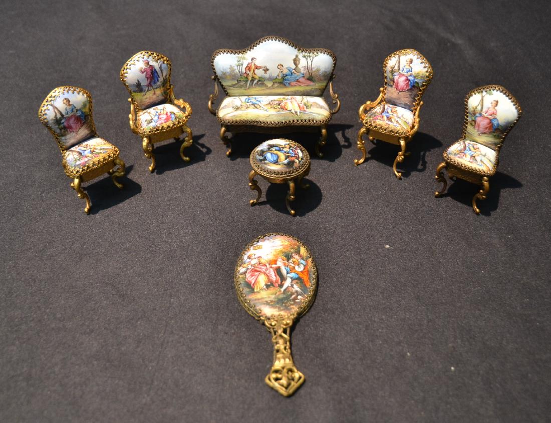 MINIATURE FRENCH ENAMEL SALON SET: CONSISTING OF SETTEE , (4) CHAIRS , TABLE & MIRROR - LARGEST IS 3" x 1 1/4" x 1 1/2"