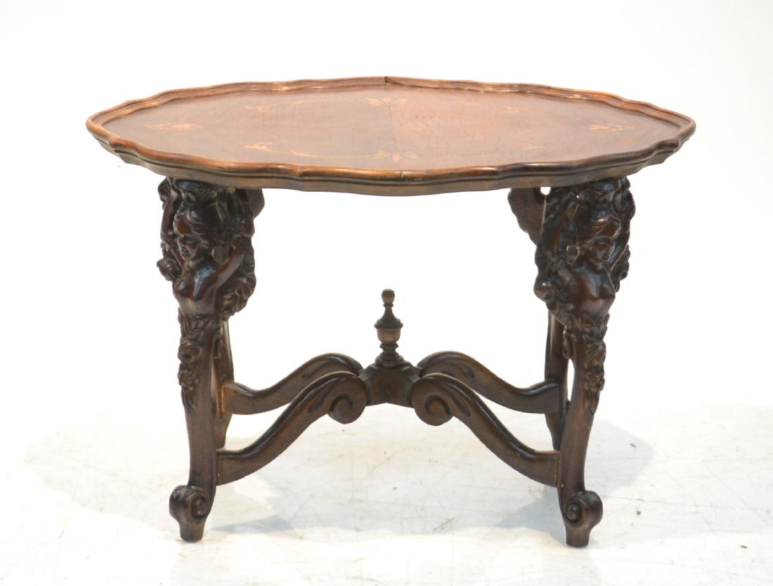 INLAID GLASS TOP TEA TABLE WITH CARVED: FIGURES ON LEGS - 25 1/2" x 19" x 17"