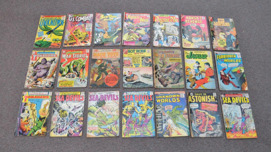 (21) ASSORTED SILVER AGE COMIC BOOKS INCLUDING: OUR ARMY AT WAR No. 145 , SIX GUN HEROES, GI COMBAT , DOCTOR NO , # 43 , FORBIDDEN WORLDS, THE JAGUAR, STAR SPANGLED WAR STORIES No. 116 & # 82 (COVER SEPARETED) , HOT RODS , MACO TOYS , SEA DEVILS &