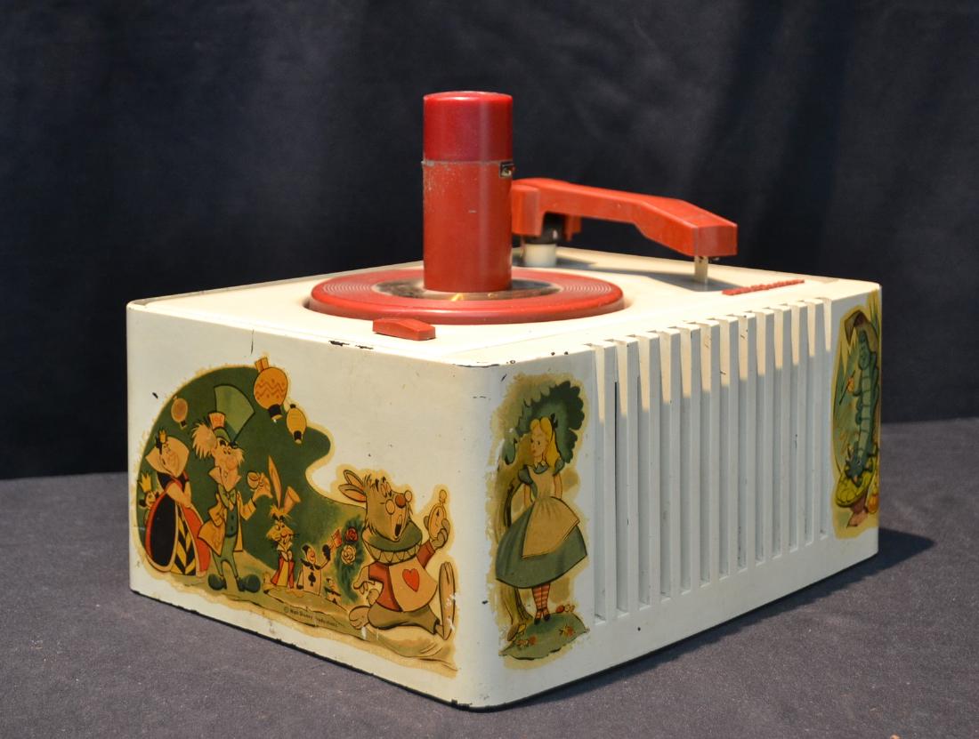 VINTAGE DISNEY RCA VICTOR 45 RECORD PLAYER: WITH DISNEY DECALS - 10 1/2" x 8" x 9"
