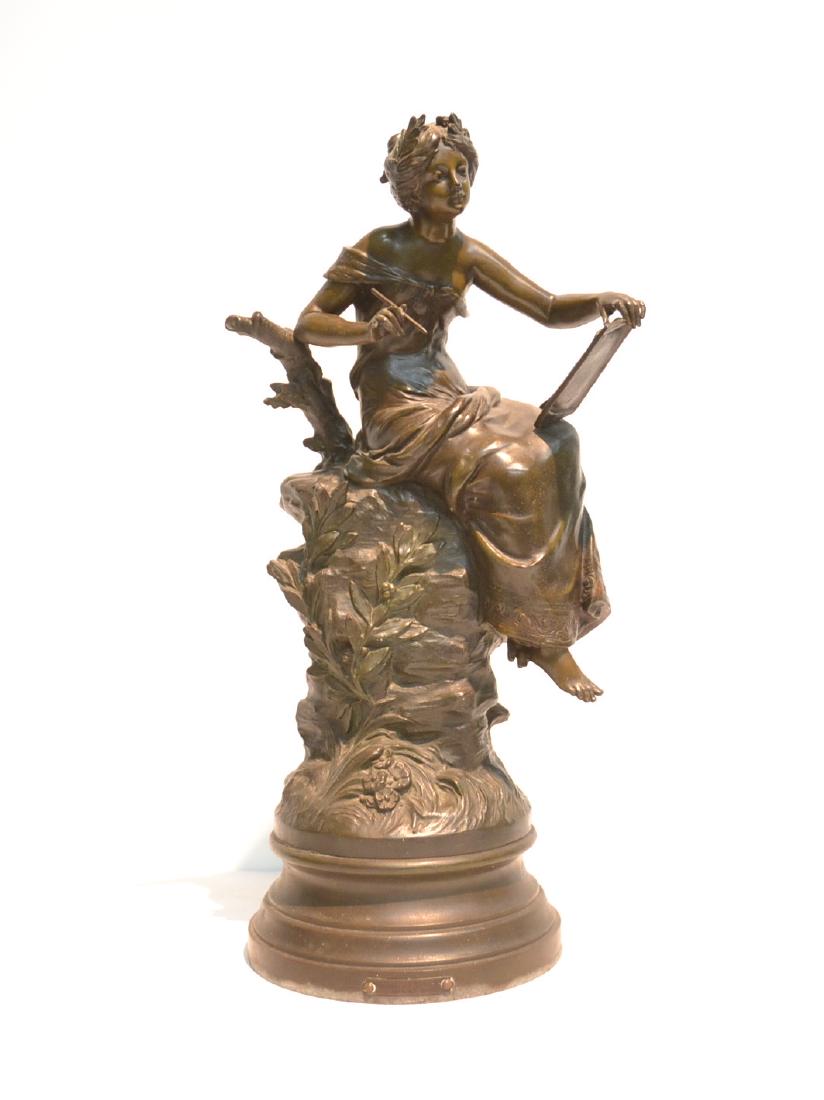 L & F MOREAU SPELTER FIGURE OF GIRL WRITING: "INSPIRATION MUSICALE" WITH FOUNDRY - 11" x 8" x 23" (MISSING ONE FINGER)