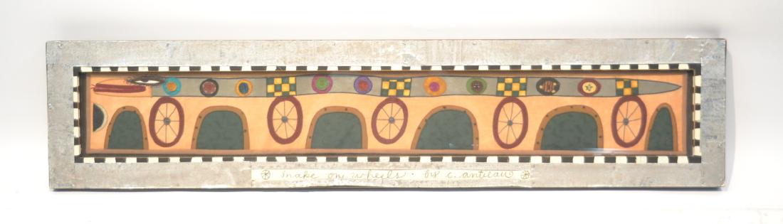CHRIS ROBERTS ANTIEAU , APPLIQUE FABRIC & MIXED: MEDIA SNAKE ON WHEELS , WITH ARTIST DECORATED FRAME - 9 1/2" x 43 1/2"