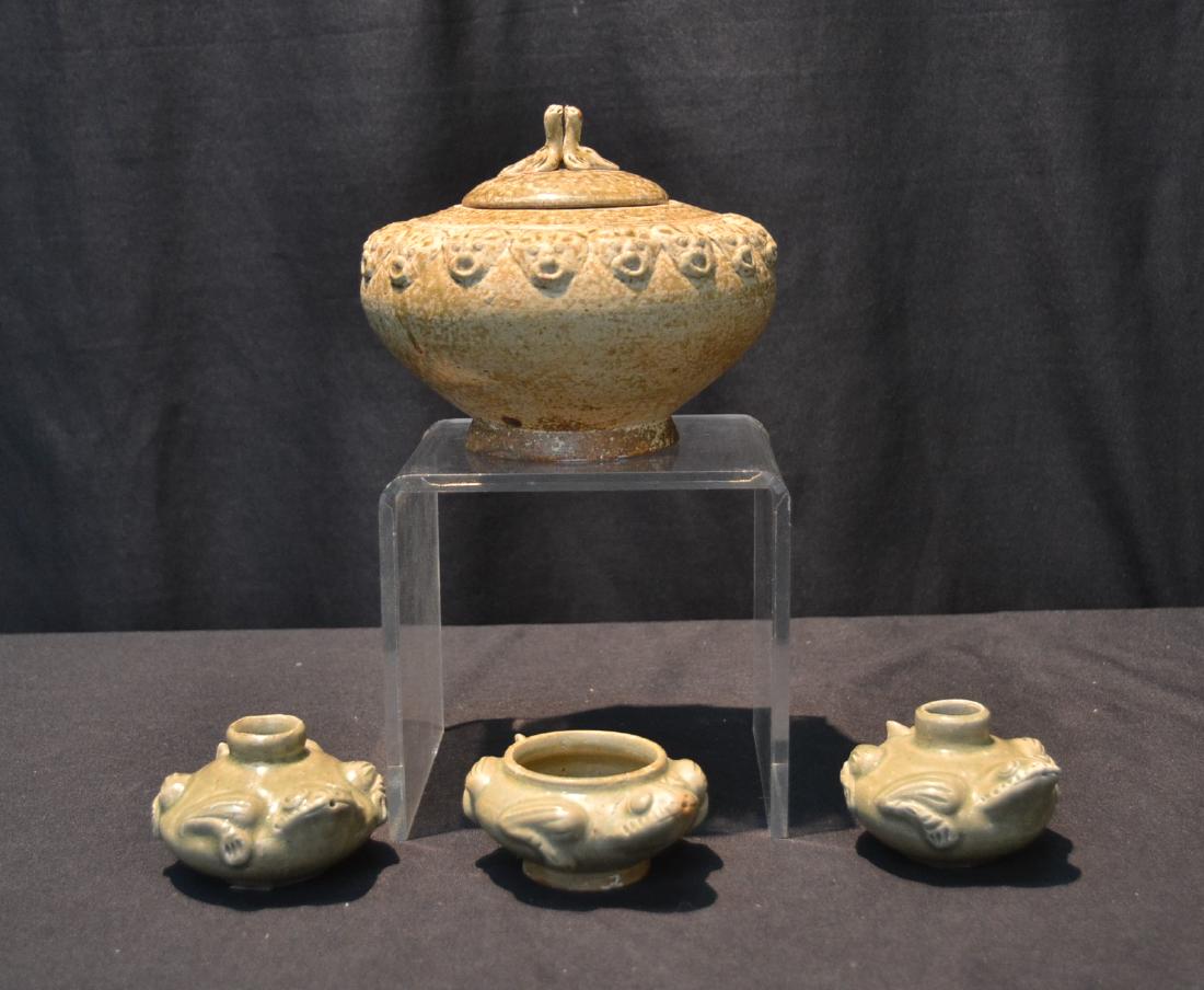 (4) HAN DYNASTY POTTERY TO INCLUDE: (3) BOWLS WITH FROGS - 3 1/2" x 2" & COVERED POT - 6" x 5 1/2"