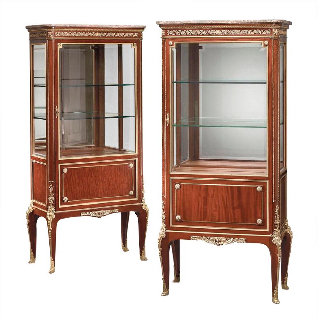 (Pr) 19thC PAUL - CHARLES SORMANI , VITRINE: CABINETS ; PAUL SORMANI , FRENCH DORE BRONZE MOUNTED MAHOGANY CABINETS WITH CABRIOLE LEGS , ca. 1870 , 29 1/2" wide x 15 1/2" deep x 62 1/2" high; Each cabinet signed 'P. Sormani/Paris/10, rue Charlot