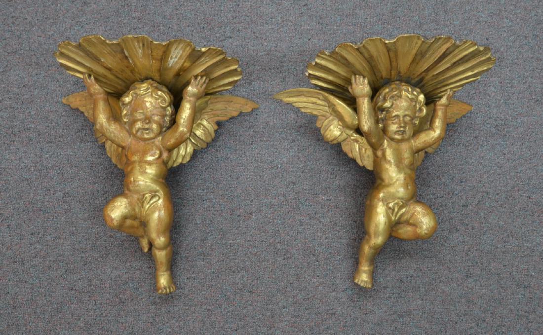 (Pr) ANTIQUE CARVED WOOD CHERUB WALL BRACKETS: 11 1/2" x 10" x 13"