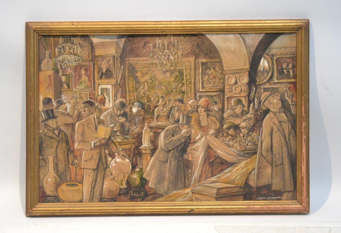 LEO KOBER (1876-1931) MIXED MEDIA ILLUSTRATION: DRAWING ON BOARD DEPICTING FAMOUS FIGURES PREVIEWING ANTIQUITIES AT AN AUCTION , SIGNED LEO KOBER , LOWER RIGHT - 29" x 20" , 31" x 22"