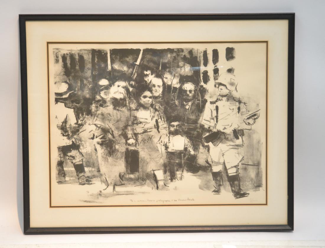 JACK LEVINE (AMERICAN b. 1915) WARSAW GHETTO: LITHOGRAPH , PENCIL SIGNED , J. LEVINE , LOWER LEFT - "TO AN UNKNOWN GERMAN PHOTOGRAPHER AT WARSAW GHETTO" 26" x 19 1/2" , 32 1/2" x 36"