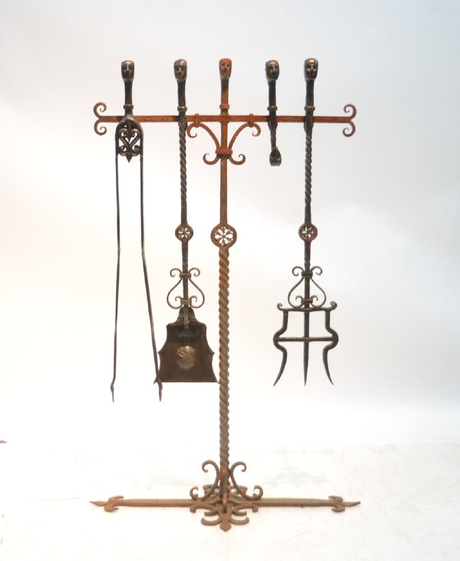 19thC HAND WROUGHT IRON FIREPLACE TOOL SET: WITH FACES - 24" x 42" (STAND IS RUSTED)