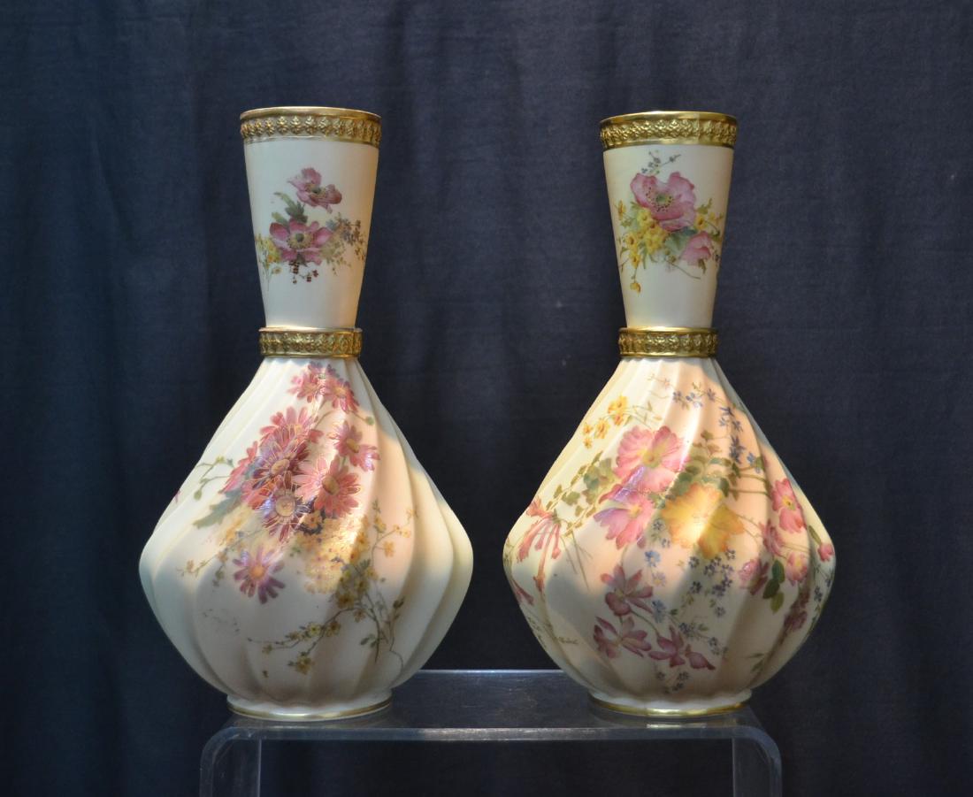 (2) ROYAL WORCESTER HAND PAINTED VASES: WITH FLOWERS & TWISTED DESIGN - 6" x 10 3/4"
