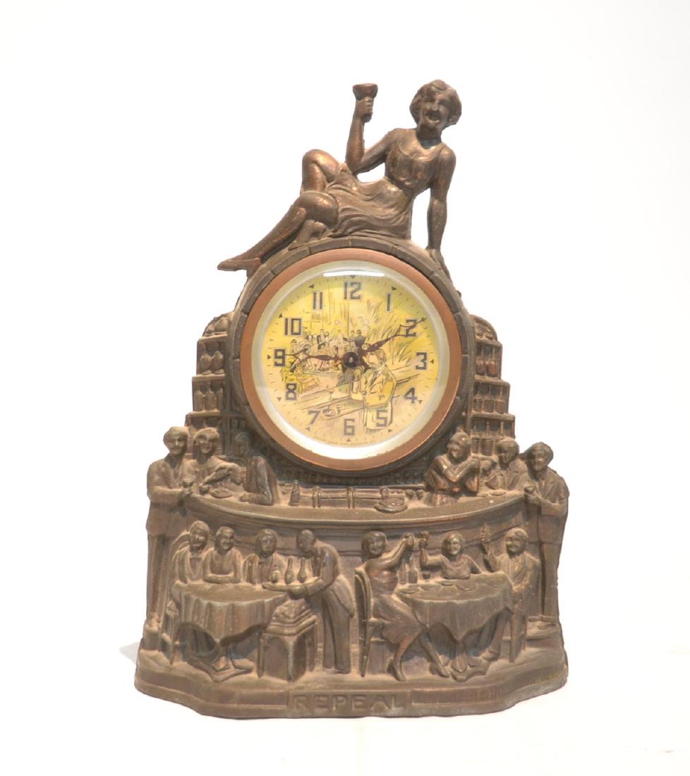 UNITED ELECTRIC CLOCK "REPEAL" PROHIBITION: United Electric Clock Corporation, Repeal prohibition figural clock, Brooklyn, NY, circa 1933, cast metal, with animated figures at speakeasy dial , signed face, 9"w x 4"d x 13"h