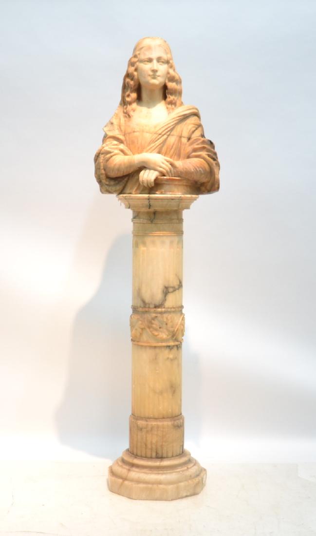 ANTIQUE CARVED MONA LISA BUST ON MATCHING: PEDESTAL - 15" x 42" , BUST IS 17" x 10 12" x 24"