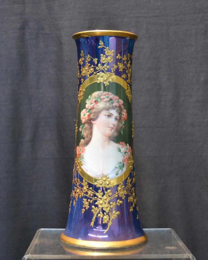 ROYAL VIENNA STYLE LUSTRE GROUND VASE WITH: PORTRAIT OF GIRL WITH FLOWERS IN HAIR , ARTIST SIGNED SURROUNDED BY LEAFY GOLD DECORATIONS OVER LUSTRE GROUND - 4 3/4" x 11" (FILLED HOLE & REPLACED MARK)