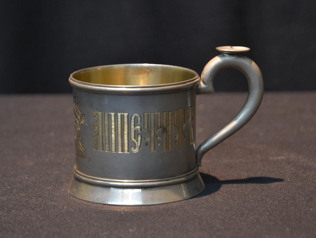 GRACHEV Bros. RUSSIAN IMPERIAL SILVER TEA CUP: INSCRIBED "GOOD APETITE" WITH GILDED HIGHLIGHTS & INTERIOR , STAMPED 84 WITH DOUBLE EAGE GRACHEV MARK - 151grams ; 4 1/2" x 3" x 3"