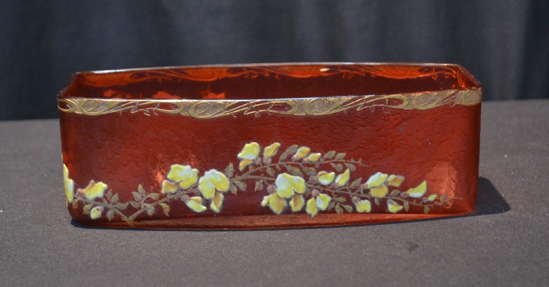 DAUM NANCY ACID ETCHED CRANBERRY DISH WITH: ENAMELED FLOWERS & GOLD DECORATIONS - 9 1/2" x 5" x 3"