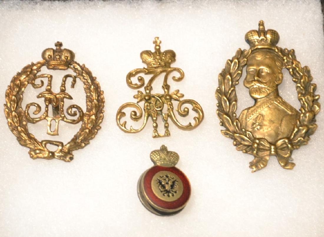 SET OF (4) RUSSIAN GILDED BRONZE IMPERIAL BADGES: OF ST. ANNE , (2) NICHOLAS 2ND & ALEXANDER THE 2ND - LARGEST IS 1 3/4" x 2 1/2"