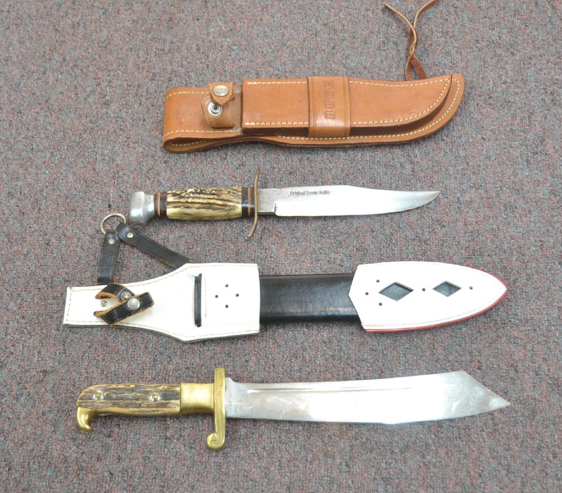 SOLINGEN GERMANY BOWIE KNIFE WITH STAG HANDLE: & SOLINGEN GERMANY SABRE MONARCH BOWIE KNIFE WITH STAG HANGLE ENGRAVED "THE TEXTAS HUNTER" - LARGEST IS 14 3/4"