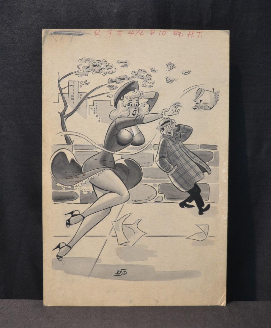 DAN DECARLO (1919-2001) HUMORAMA MENS MAGAZINE: CARTOON ILLUSTRATION ORIGINAL ART , SIGNED DSD ; WITH DAN DE CARLO STAMPS INVERSO - 10" x 15"