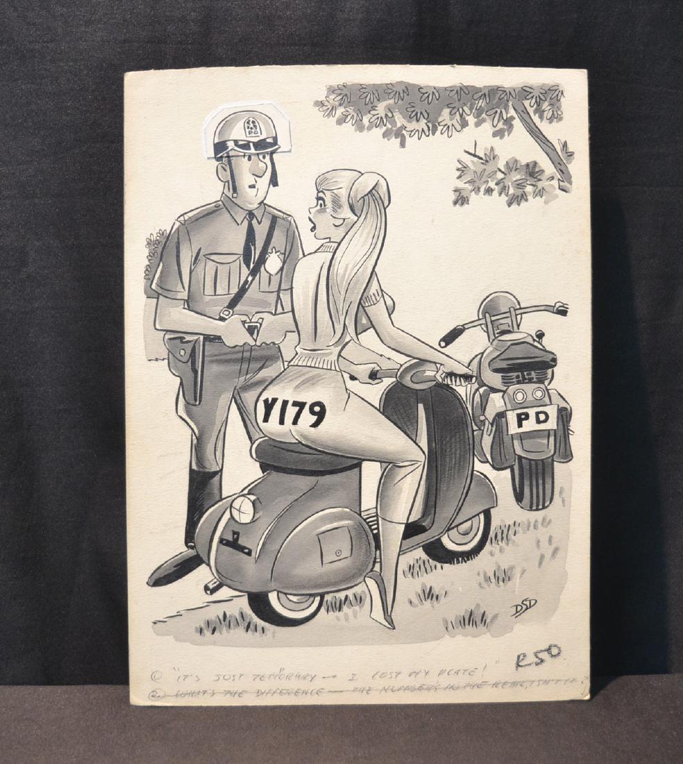 DAN DECARLO (1919-2001) HUMORAMA MENS MAGAZINE: CARTOON ILLUSTRATION ORIGINAL ART , TITLED "ITS JUST TEMPORARY , I LOST MY PLATE" , SIGNED DSD ; WITH DAN DE CARLO STAMPS INVERSO - 10 1/8" x 13 7/8"