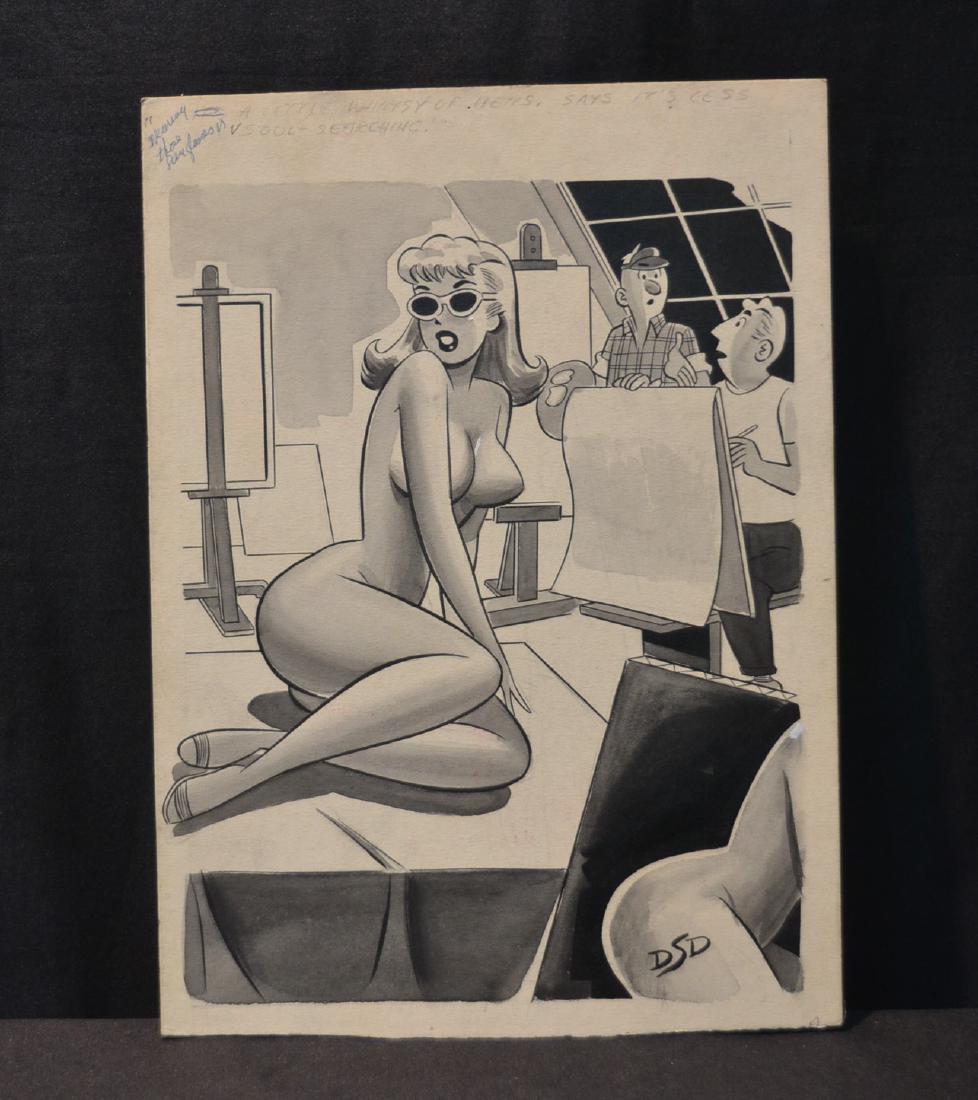 DAN DECARLO (1919-2001) HUMORAMA MENS MAGAZINE: CARTOON ILLUSTRATION ORIGINAL ART TITLED "LITTLE WHIMSY OF HERS, "WEARING THOSE SUNGLASSES" ; SIGNED DSD. WITH DAN DE CARLO STAMPS INVERSO - 10 1/4" x 14"