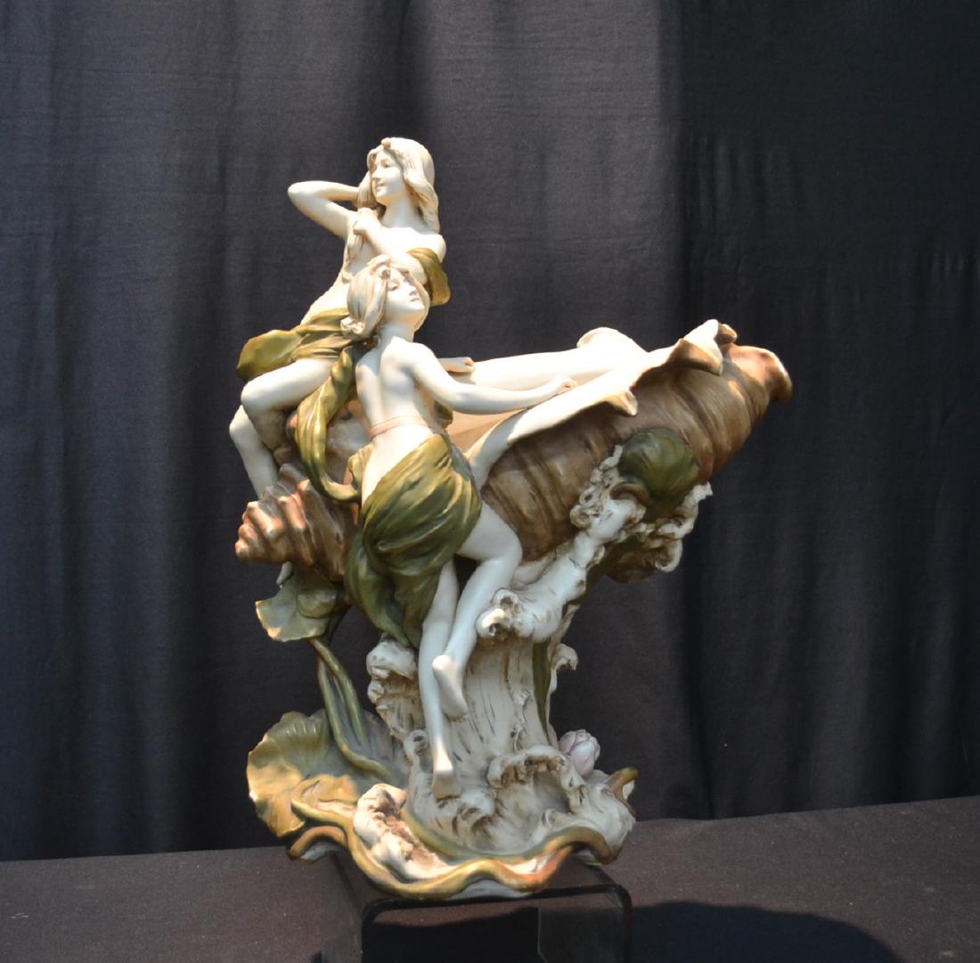 LARGE ROYAL DUX FEMALE SEMI NUDES ON SHELL: CENTERPIECE - 14" x 8" x 18 1/2" (HAS SLIGHT HAIRLINE ON SHELL)