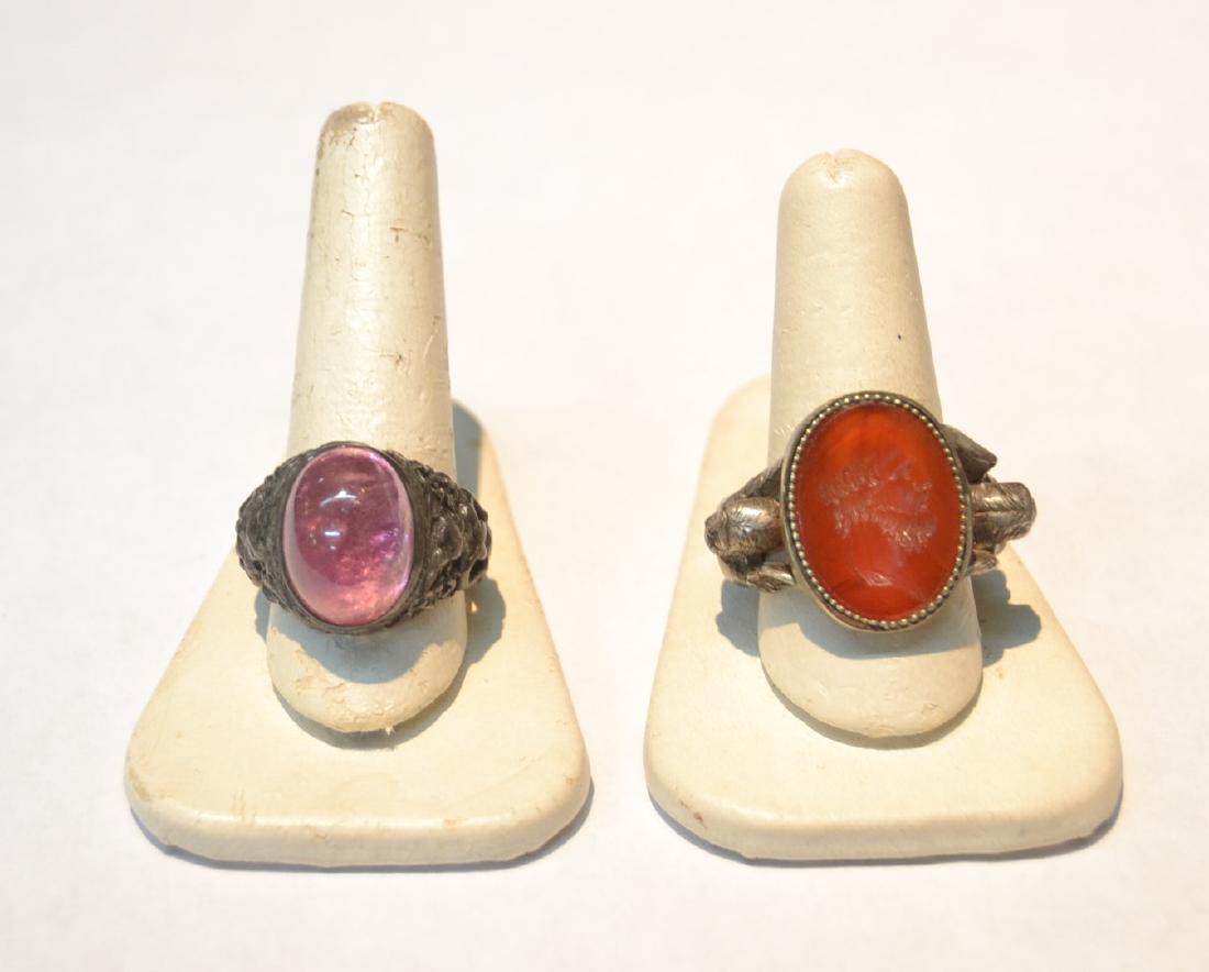 STERLING SILVER RING WITH CARNELIAN PORTRAIT: ON SHANK & STERLING SILVER PINK CABACHON WITH FIGURES ON SHANK - SIZE 10 1/2