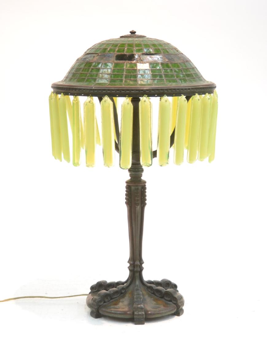 TIFFANY STUDIOS ? , GEOMETRIC & BANDED TURTLE BACK: TILE TABLE LAMP ; SHADE IS IMPRESSED TIFFANY STUDIOS NEW YORK , # 1147 ? ; SET ON BRONZE TIFFANY STUDIOS # 503 , BASE WITH LARGE GREEN PRISMS ; (REWIRED WITH ORIGINAL SOCKETS) SHADE IS 14 1/8" x 4" ; 