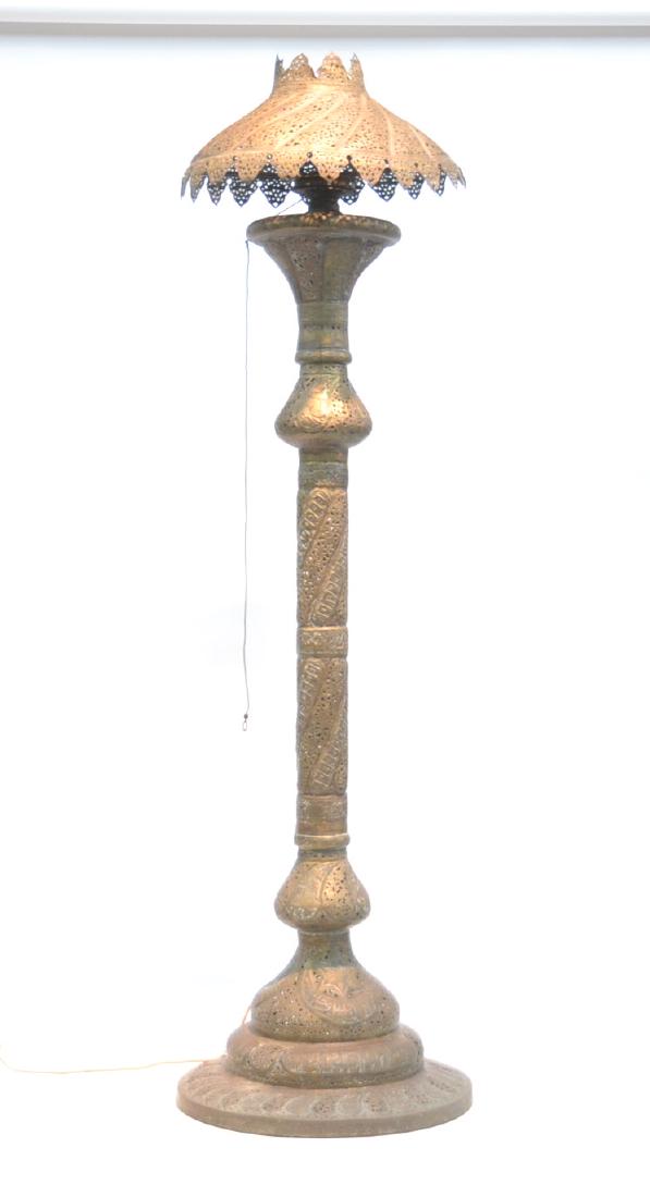 19thC MIDDLE EASTERN RETICULATED BRASS FLOOR LAMP: WITH ENGRAVED & EMBOSSED DESIGNS FIGURES & JUDAICA SCROLL HEBREW WRITING ; ELECTRIFIED FROM OIL LAMP - 22" x 73"