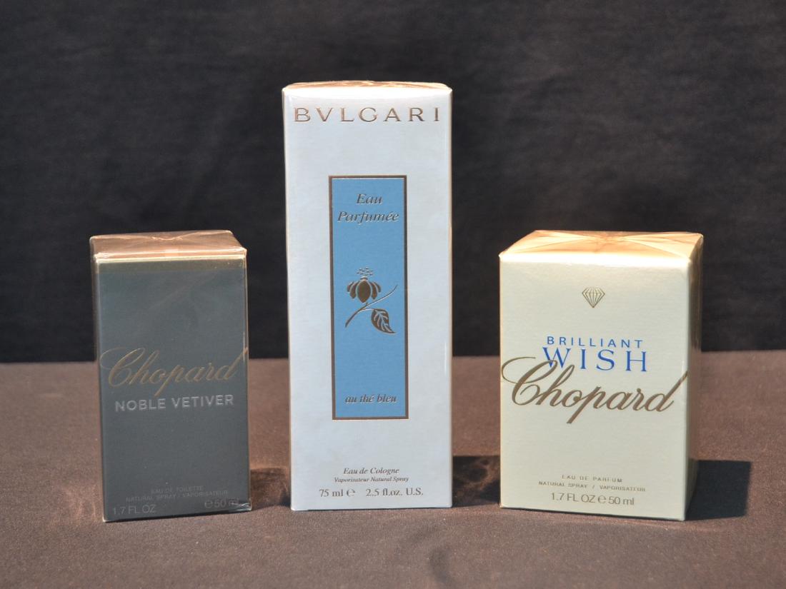 (3) NEW IN BOX DESIGNER PERFUME LOT CONSISTING OF: BULGARI EAU PARFUMEE AU THE BLEU ; EU DE COLOGNE - 2.5fl oz / CHOPARD NOBLE VETIVER EAU DE TOILETTE - 1.7fl oz / CHOPARD BRILLIANT WISH EAU DE PARFUM - 1.7fl oz