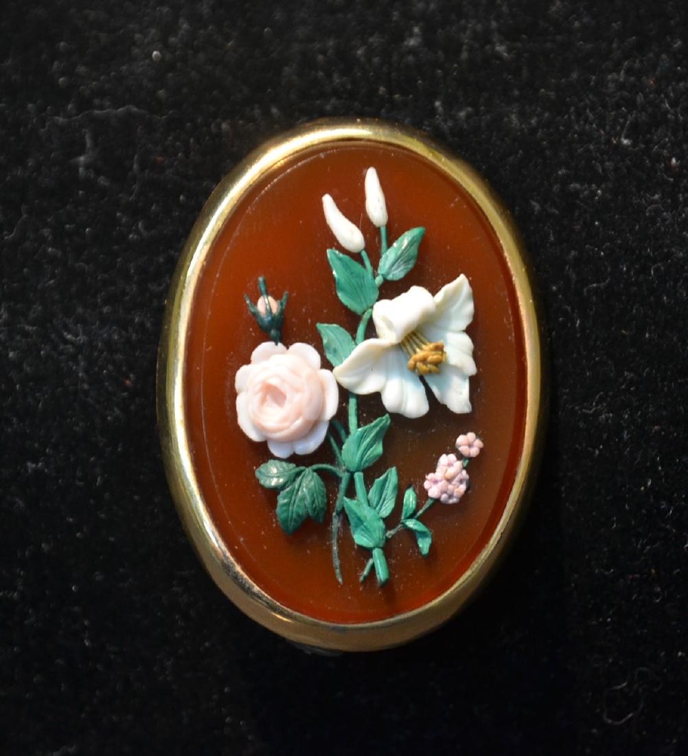 18kt GOLD FRAME WITH CARNELIAN , RAISED CORAL &: JADE FLOWERS , WITH ORIGINAL BOX - 15.8grams ; 1 1/4" x 1 3/4"