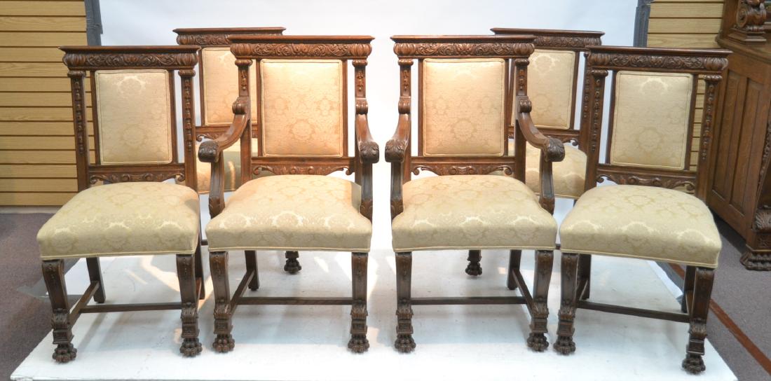 (6) HEAVILY CARVED RJ HORNER OAK DINING CHAIRS: WITH CARVED SCROLL WORK & CLAW FEET ; (4) SIDE CHAIRS & (2) ARM CHAIRS - Sidechair - 19 in. wide x 18 in. deep x 41" high - Armchair - 22 in. wide x 19.5 in. deep. x 41" high