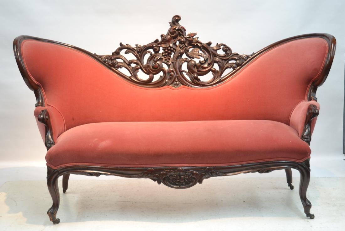 HEAVILY CARVED VICTORIAN ROSEWOOD SOFA: WITH RETICULATED CARVED BIRDS , GRAPES & FLOWERS ; ATTRIBUTED TO MEEKS OR JOHN HENRY BELTER - 74 1/2" x 31" x 43 1/2"