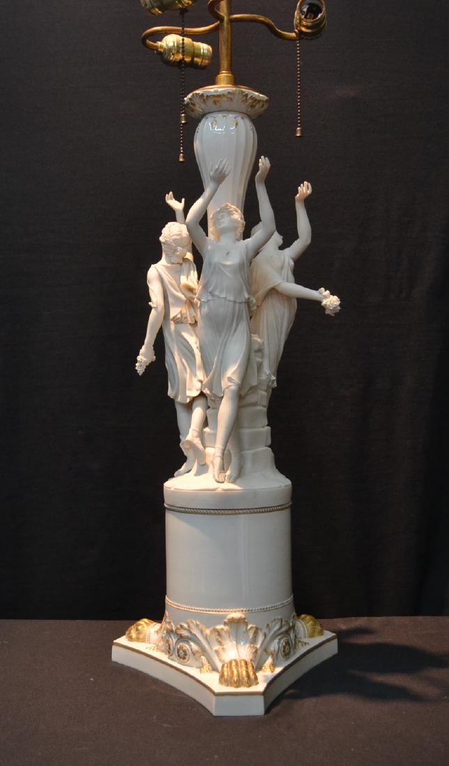 LARGE KPM PORCELAIN LAMP DEPICTING (3) GRACES: AROUND COLUMN ; WITH PAW FEET - 12" x 27" TO TOP OF POLE ; 38" TALL OVERALL