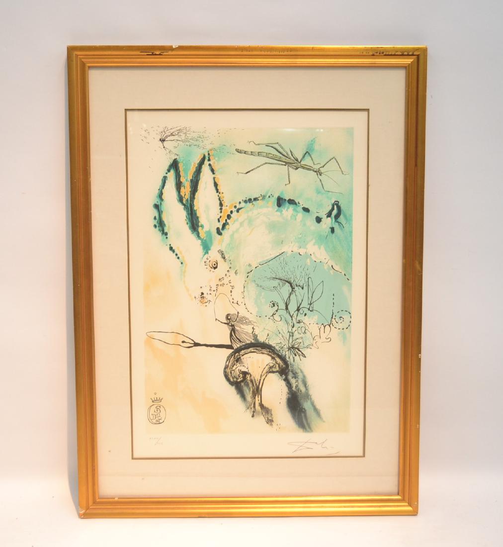 SALVADOR DALI "DOWN THE RABBIT HOLE" LITHOGRAPH: HAND SIGNED LOWER RIGHT ; NUMBERED WITH SEAL LOWER LEFT ; XCVII / CCC OR 97/300 - 18" x 27" , 26" x 35 1/2" FRAMED